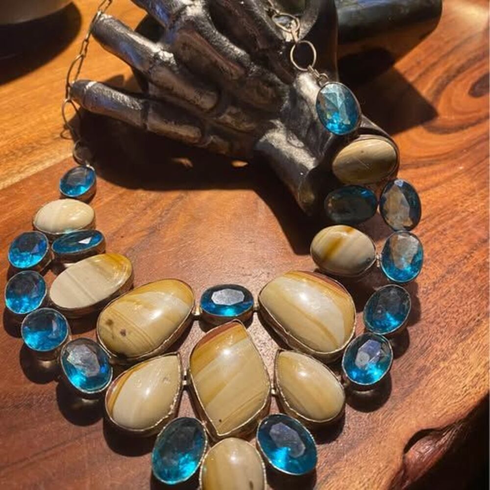 Banded Silk Golden Agate & Blue Topaz gemstone necklace- silver plated metal